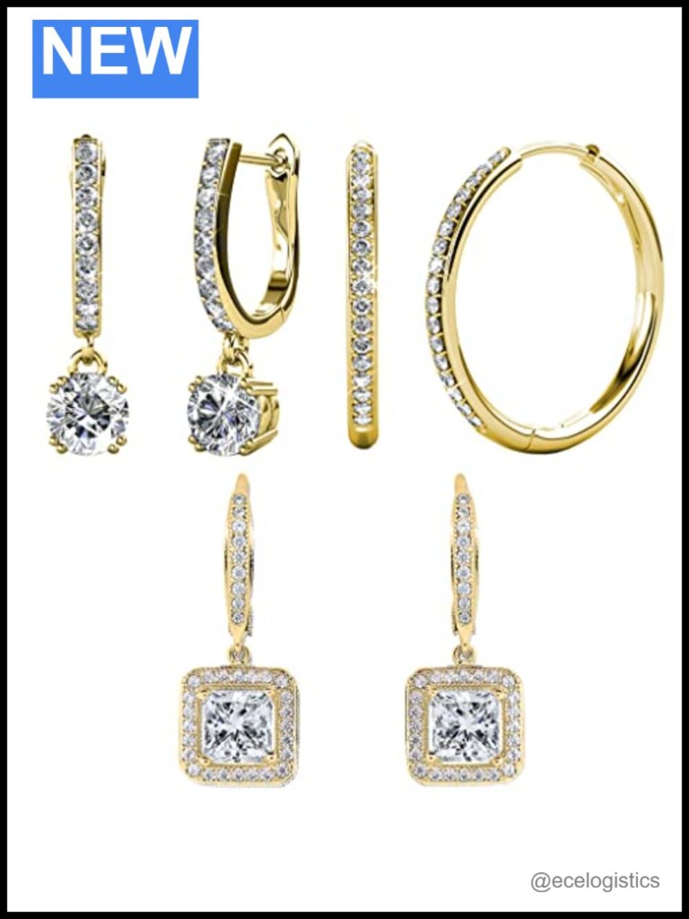 Cate & Chloe 18k Yellow Gold Hoop Earrings with Crystals 3 Pairs